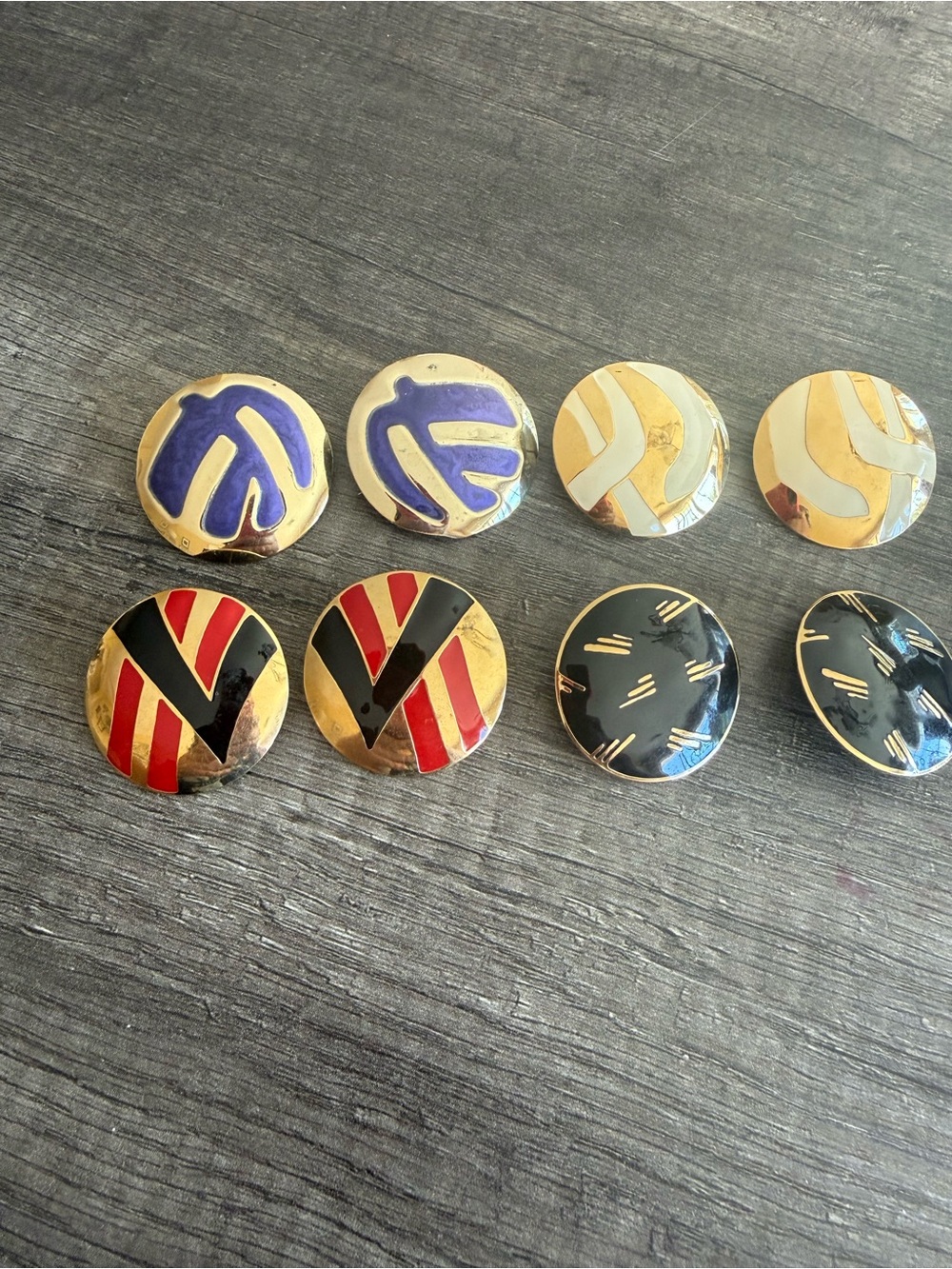 Gold-Tone Enamel Round Earrings in Black, Red, Purple and Cream